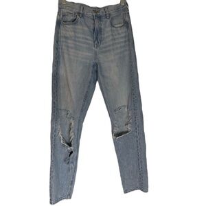 AMERICAN EAGLE Blue Straight Leg Jeans with Ripped Knees Size 4 LONG
